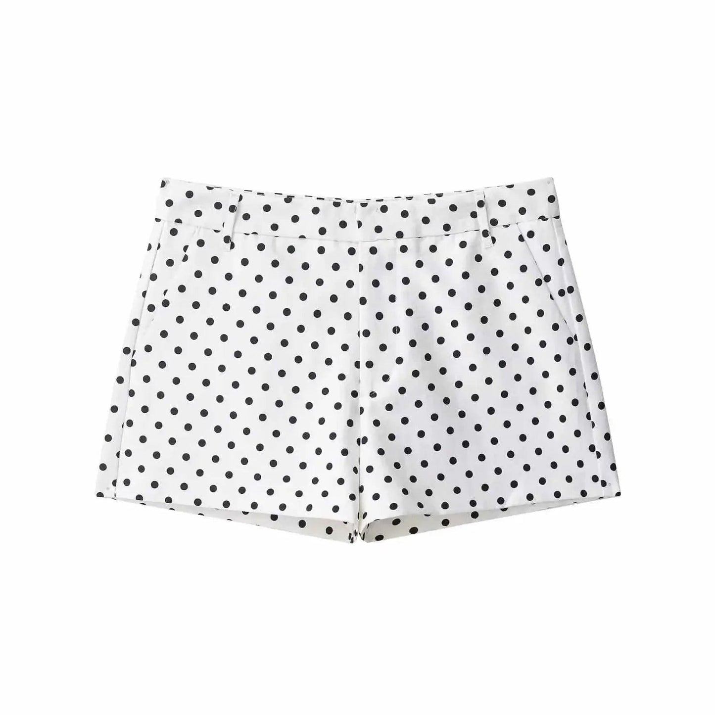 White polka dot women's shorts with black dots, high waist, fashion summer wear