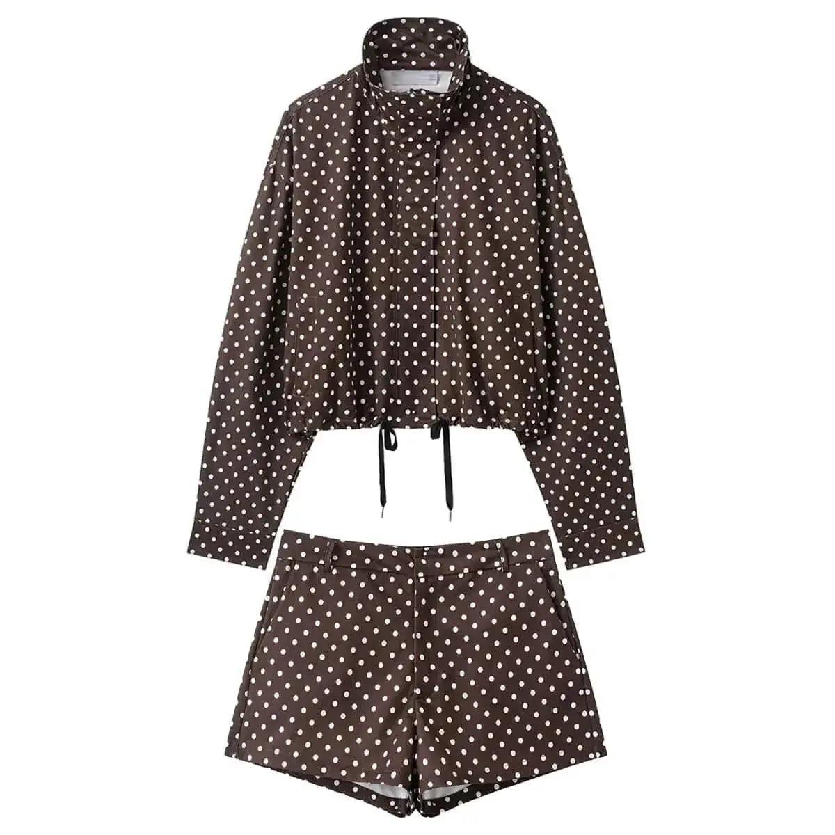 Brown polka dot women's cropped blouse and matching shorts set, stylish fashion outfit