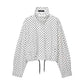White polka dot cropped jacket with drawstring hem, women's fashion top