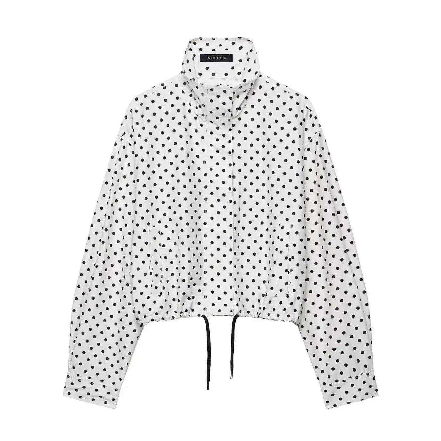 White polka dot cropped jacket with drawstring hem, women's fashion top