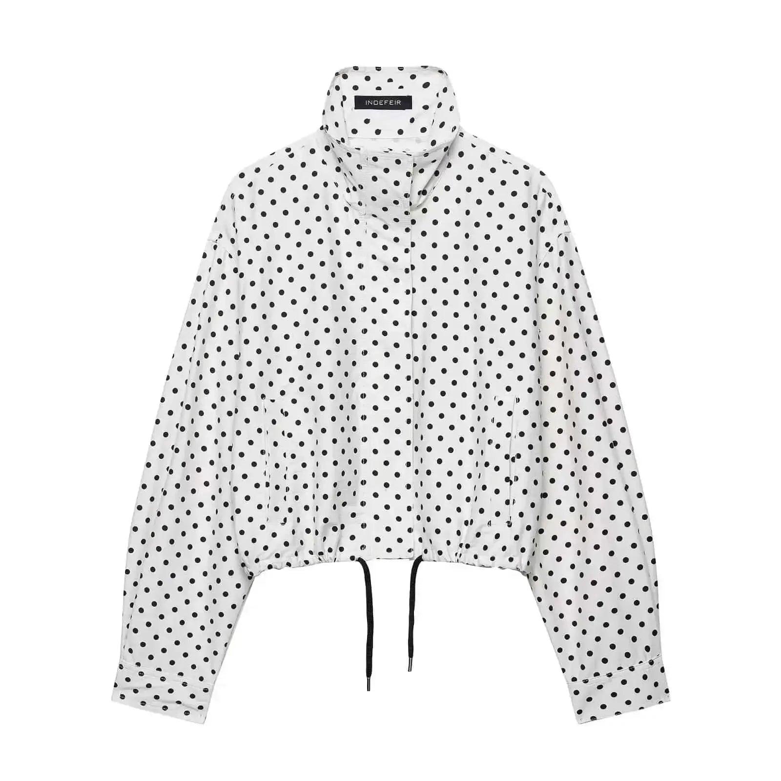 White polka dot cropped jacket with drawstring hem, women's fashion top