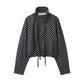 Black and white polka dot cropped jacket with drawstring hem, women's fashion top
