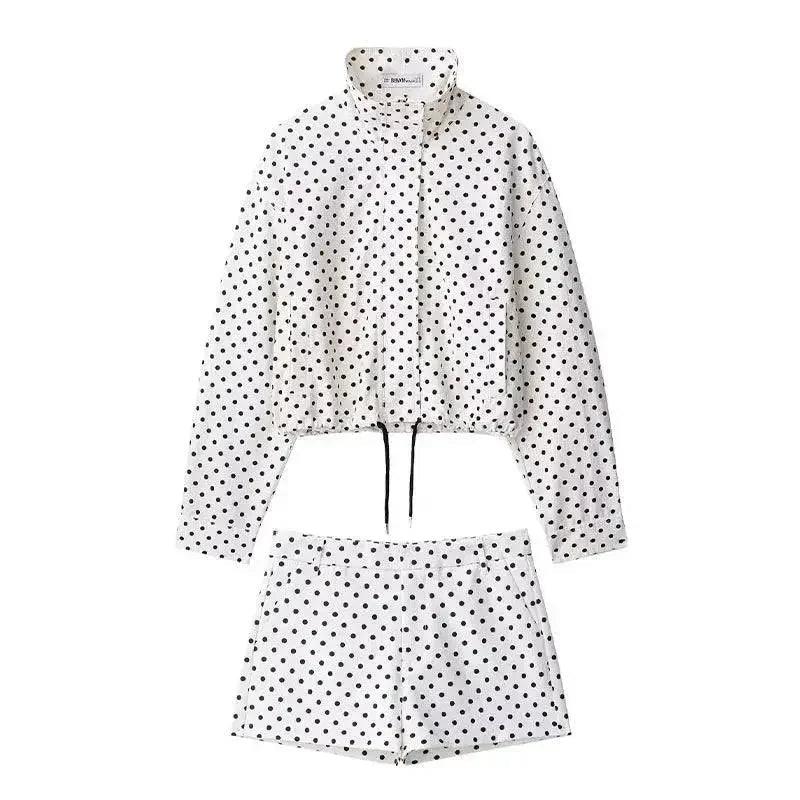 Women's polka dot long sleeve crop top and matching shorts set, stylish fashion outfit