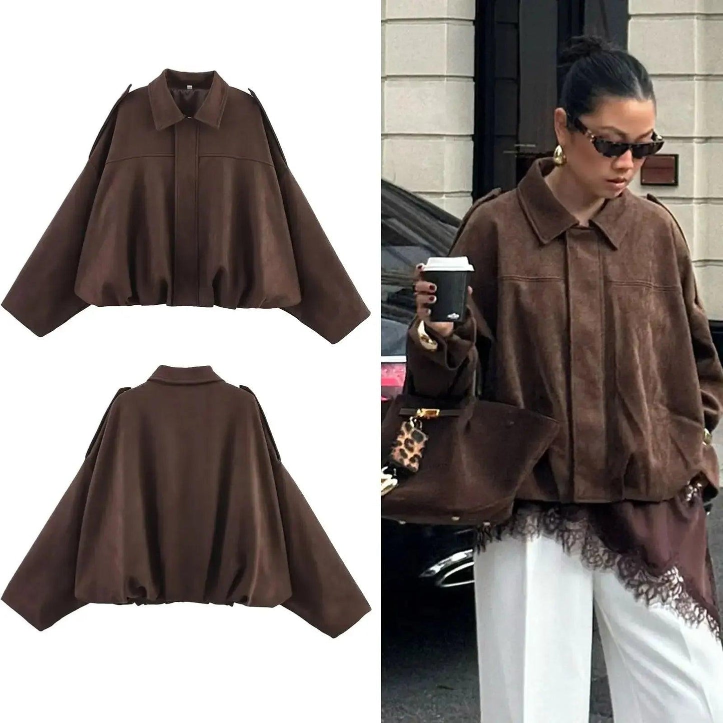 Brown oversized fashion jacket with cape sleeves, styled streetwear for women