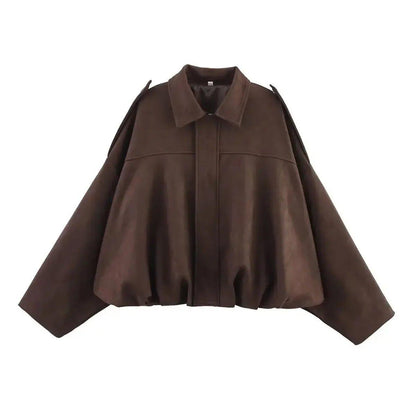 Brown cropped women's fashion jacket with wide sleeves and collar