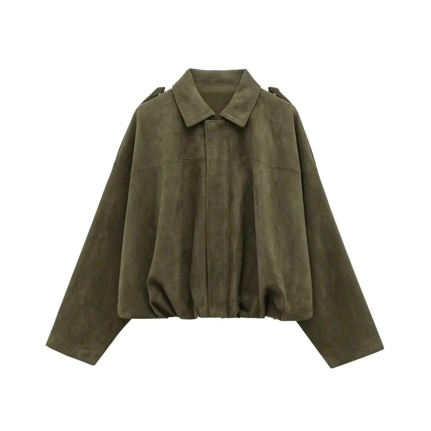 Olive green suede women's cropped jacket with collar and shoulder tabs, fashion outerwear