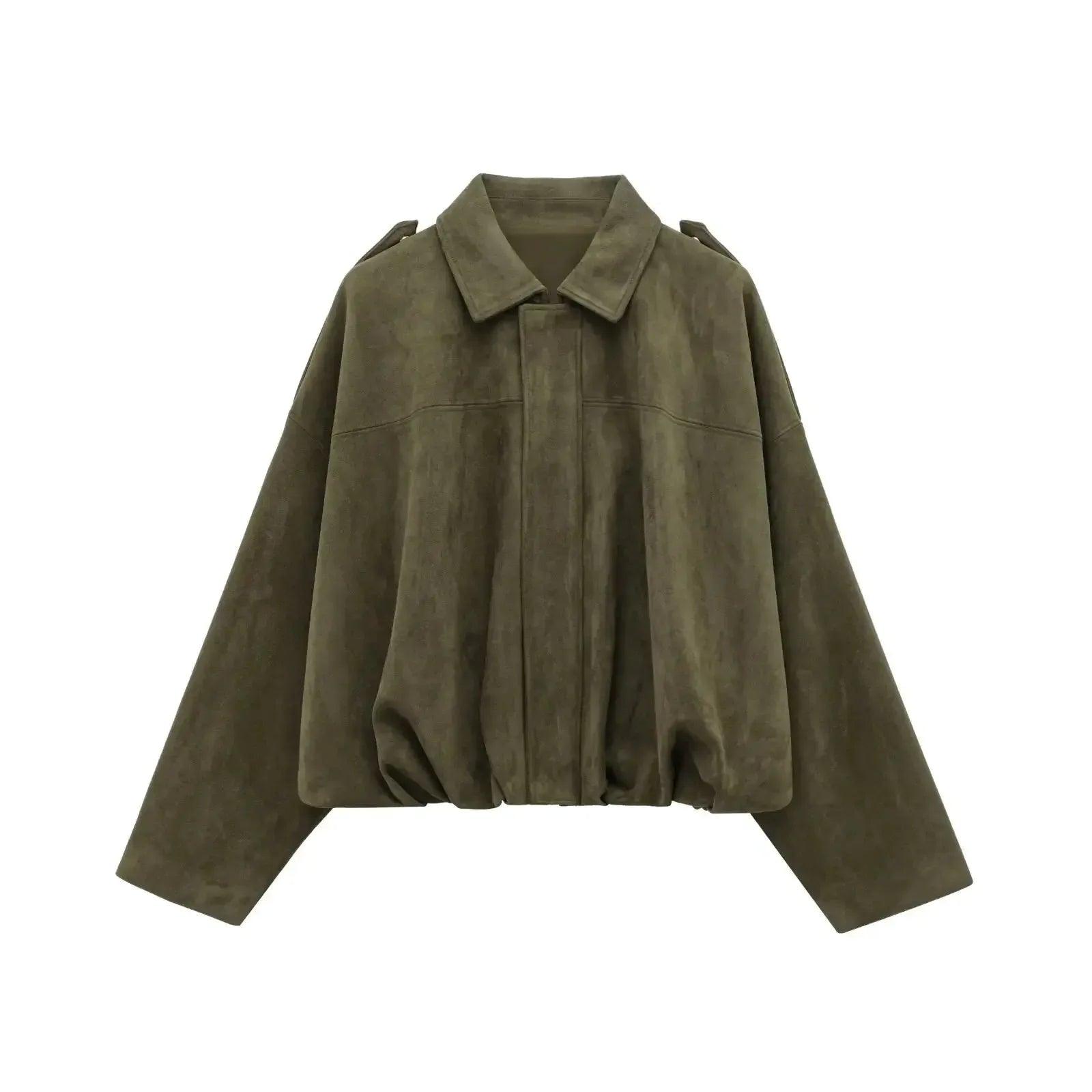 Olive green suede women's cropped jacket with collar and shoulder tabs, fashion outerwear