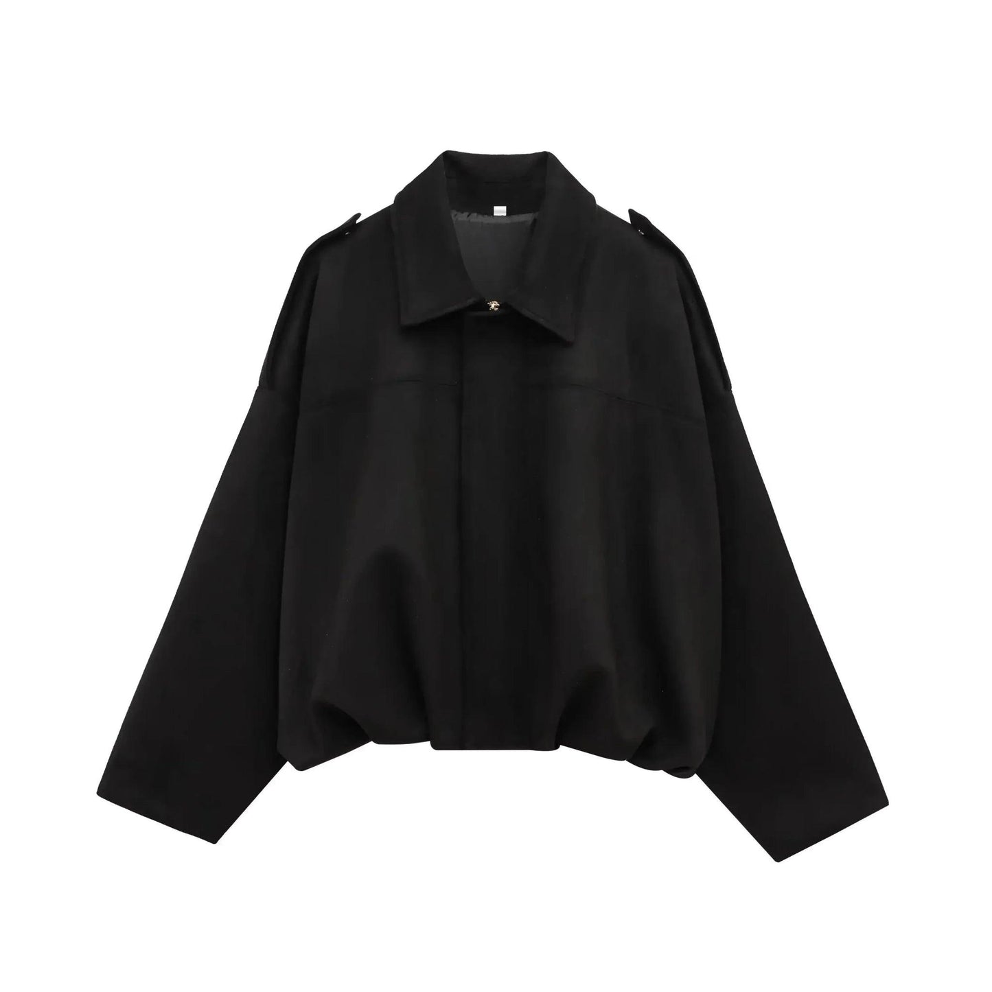 Black cropped women's fashion jacket with structured shoulders and collar detail