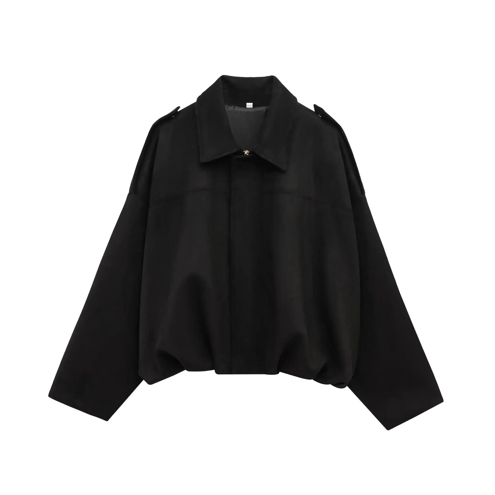 Black cropped women's fashion jacket with structured shoulders and collar detail