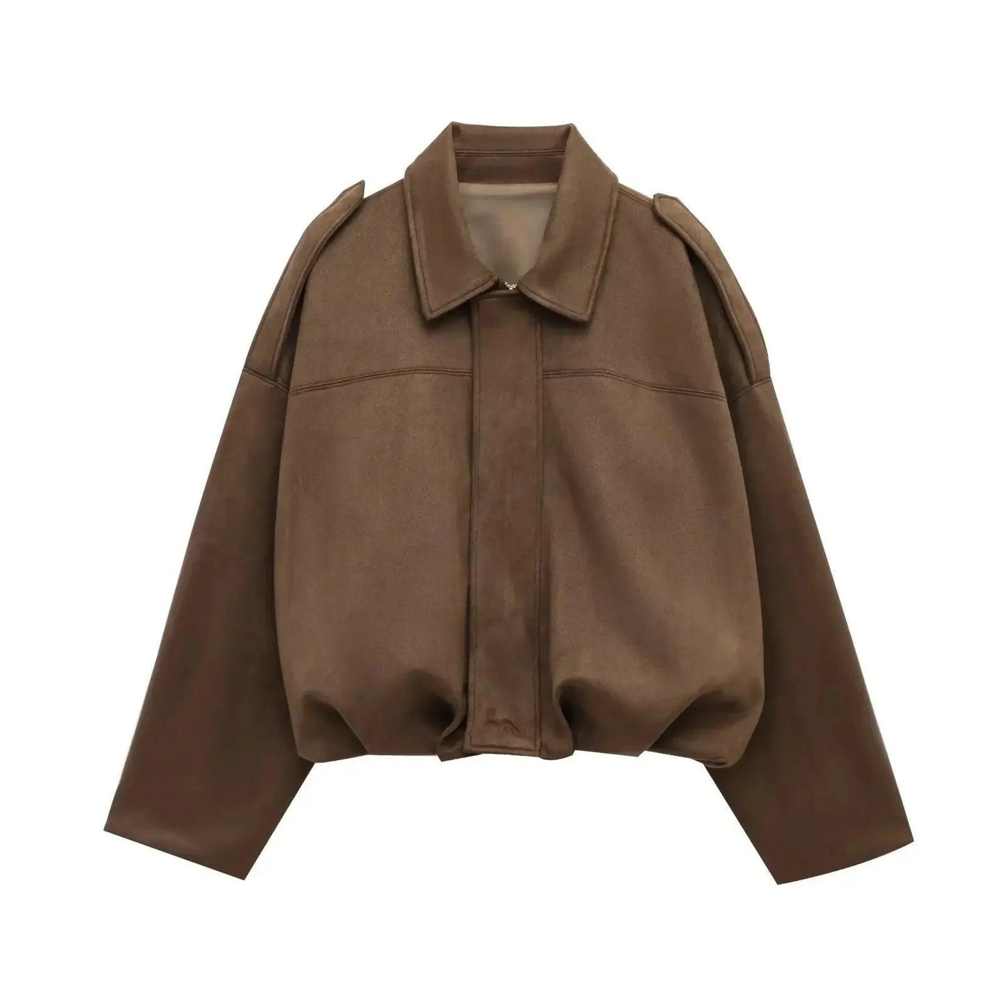 Brown faux leather cropped jacket with collar and shoulder details, women's fashion outerwear