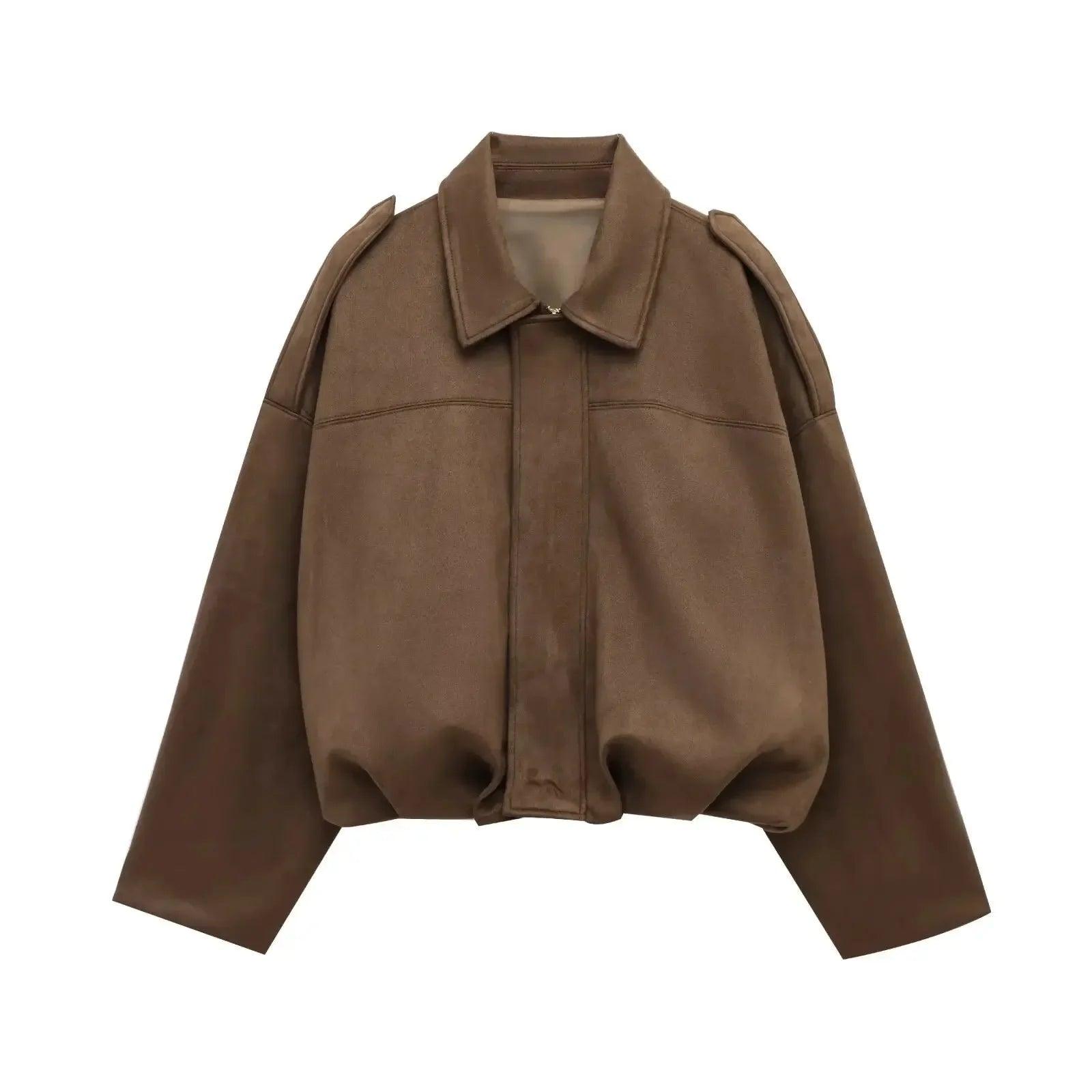 Brown faux leather cropped jacket with collar and shoulder details, women's fashion outerwear