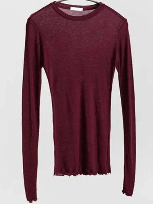 Burgundy long sleeve women's fashion top with textured knit and ruffled hem
