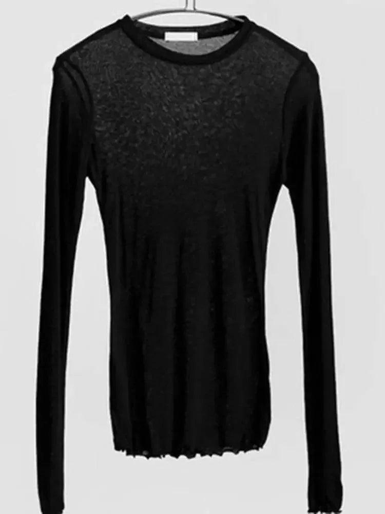 Black long sleeve lace top for women, stylish fashion blouse with sheer detail