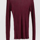 Burgundy long sleeve women's top with round neck and sheer texture, ideal for fashion layering
