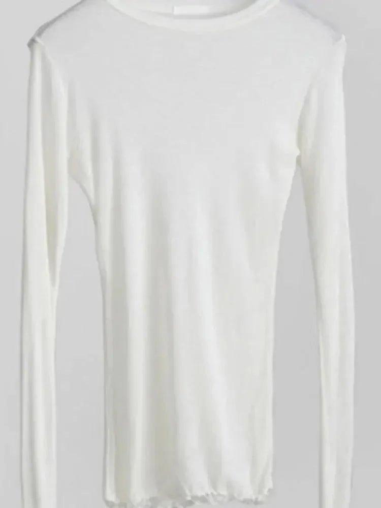 White long sleeve women's fashion top, soft knit, round neck, casual style