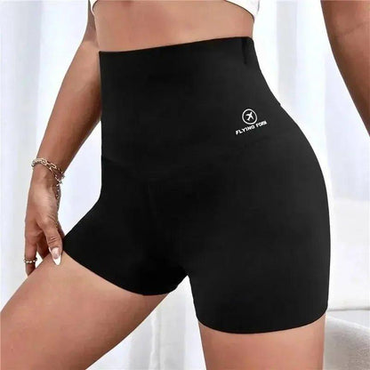 Black high-waisted women's shorts with Flying Fork logo, stylish fashion activewear