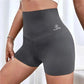 High-waisted black workout shorts with 'Flying Fork' logo, women's fitness apparel