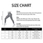 Women's fashion leggings size chart with waist, hip, length measurements in cm and inches