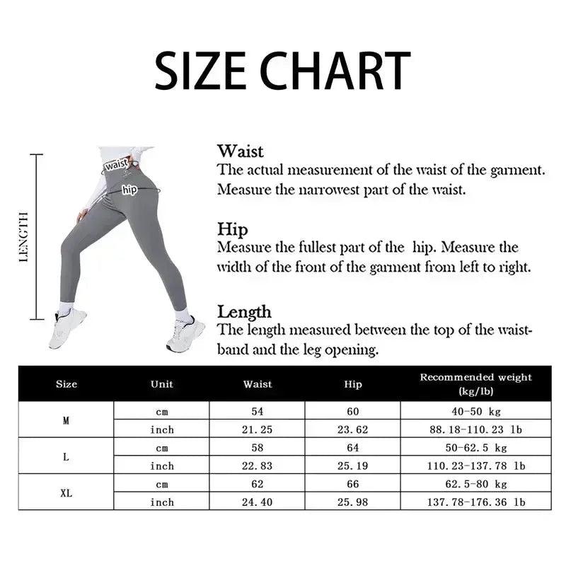 Women's fashion leggings size chart with waist, hip, length measurements in cm and inches