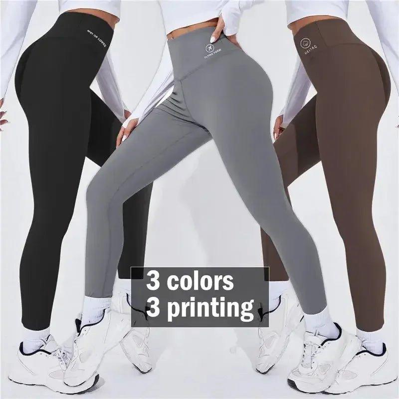 Women's high-waist leggings in 3 colors with printed logos, perfect for fitness and fashion