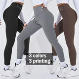 Women's high-waist leggings in 3 colors with printed logos, perfect for fitness and fashion