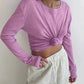 Pink long sleeve crop top with front knot detail, women's fashion