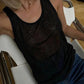 Black sheer lace tank top for women, stylish fashion top paired with denim jeans