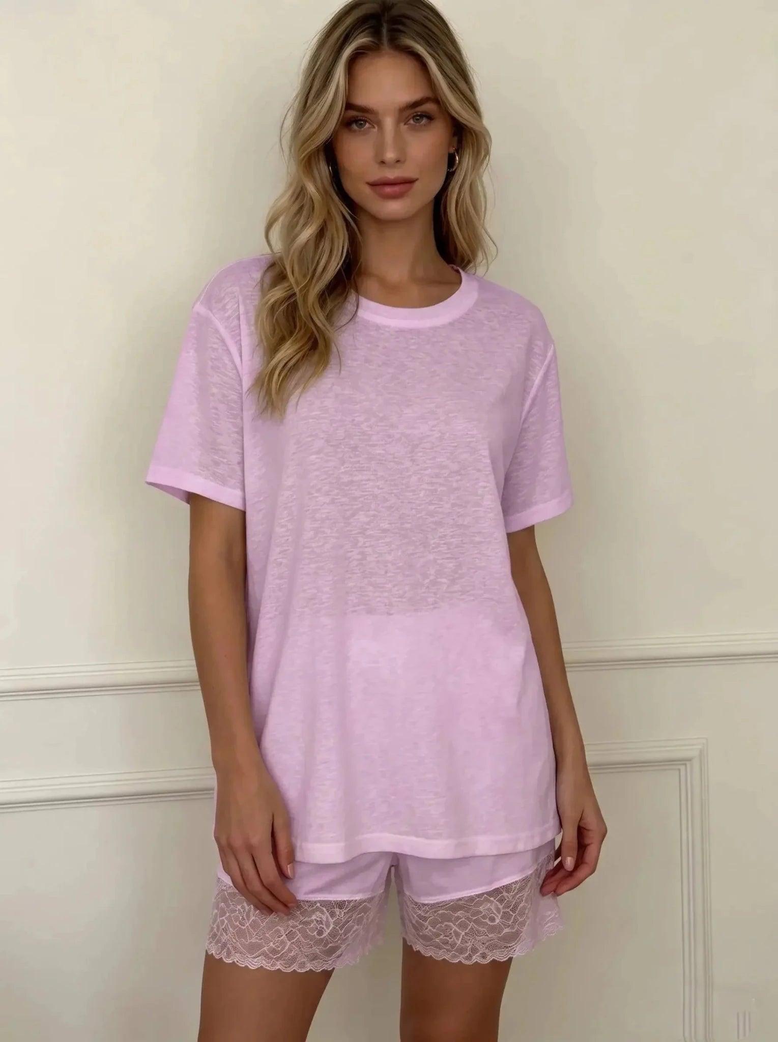 Lavender women's lounge set with lace trim shorts and relaxed tee, perfect for cozy fashion