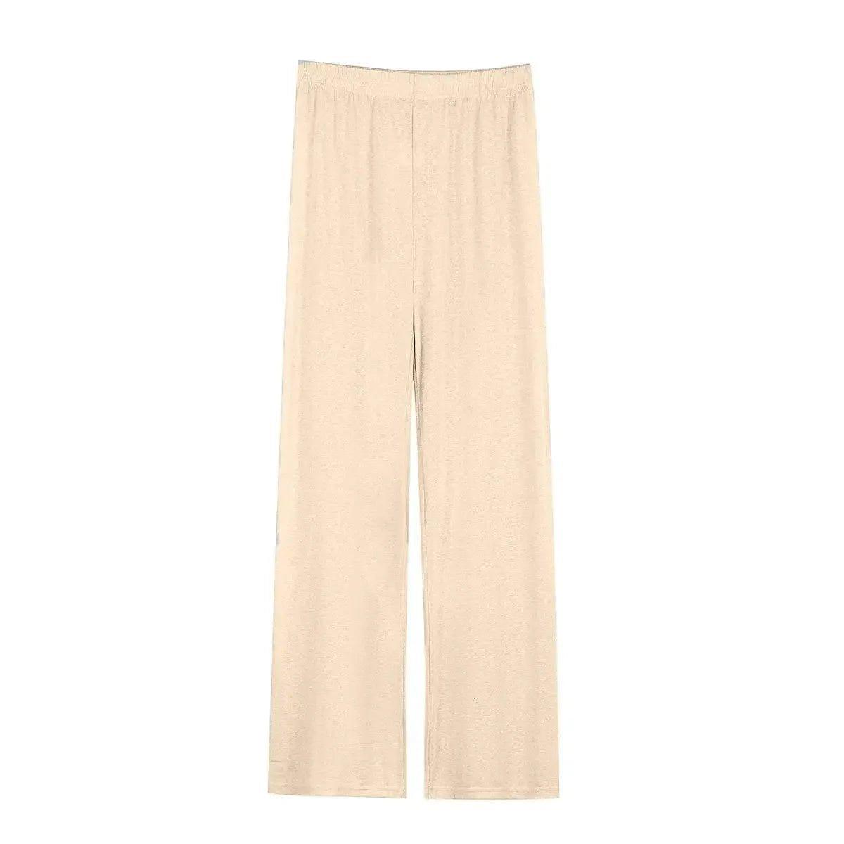 Beige wide-leg women's lounge pants with elastic waistband, soft fabric, casual comfort wear