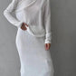 White long sleeve top and knitted midi skirt outfit for women's fashion