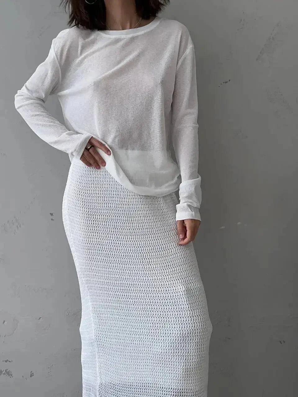 White long sleeve top and knitted midi skirt outfit for women's fashion