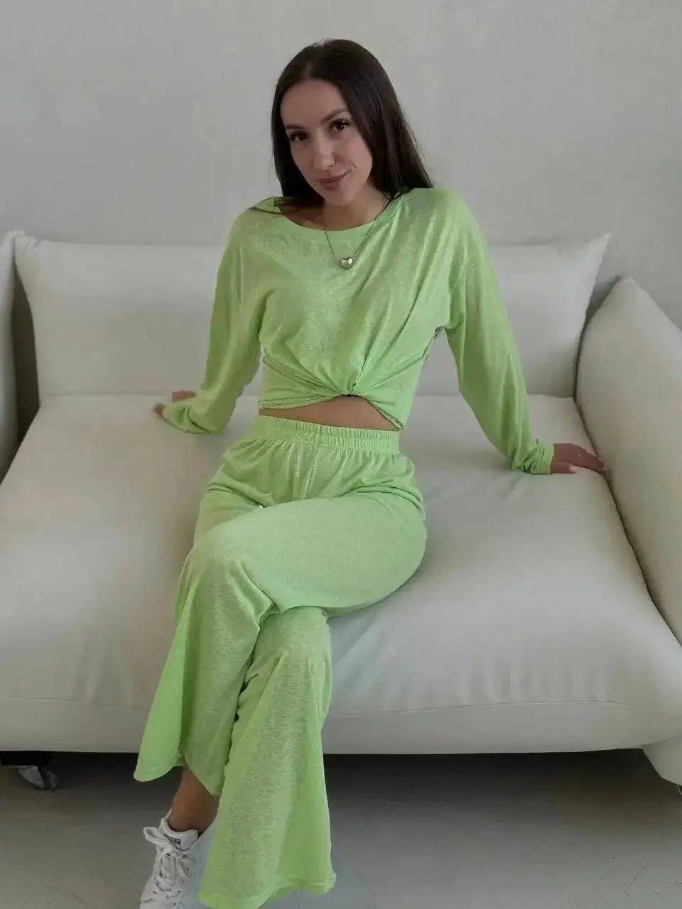 Woman in lime green crop top and wide-leg pants, casual fashion set
