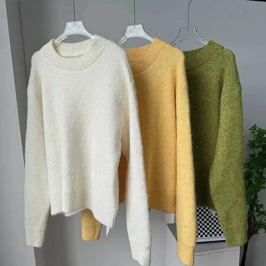 Soft fuzzy women's sweaters in cream, yellow, green — cozy fashion tops for fall winter