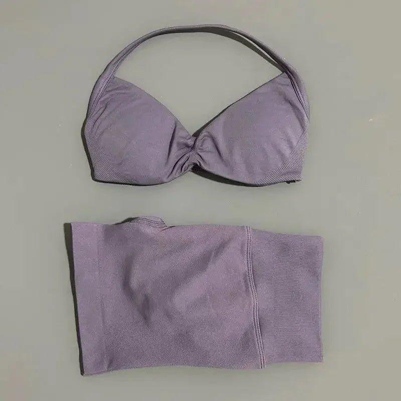 Lavender women's bikini set with halter top and high-waisted bottoms, perfect for beach fashion