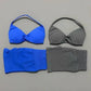 Blue and gray women's bikini sets with halter tops and matching bottoms