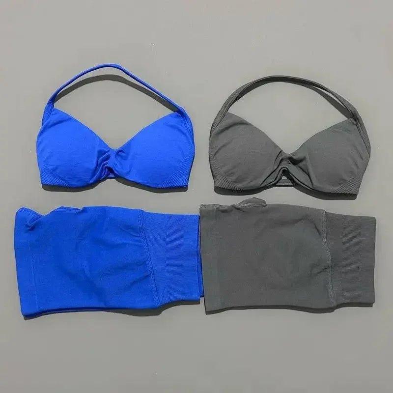 Blue and gray women's bikini sets with halter tops and matching bottoms
