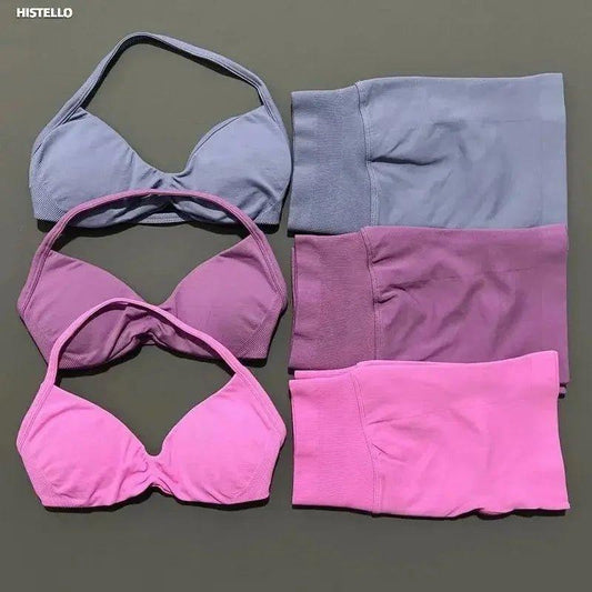 Women's fashion bras and matching bottoms in pink and gray tones