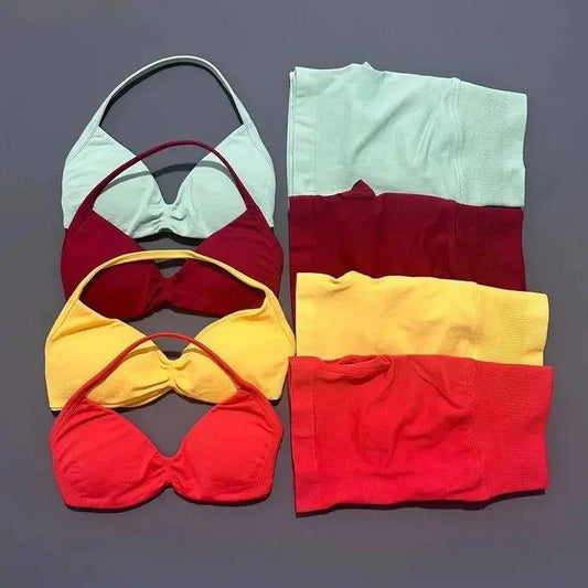 Colorful women's bras and matching tops in red, yellow, mint, and maroon for fashion and comfort.