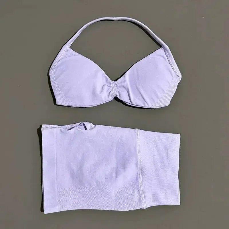White halter neck bikini top and matching bottom, women's fashion swimwear set