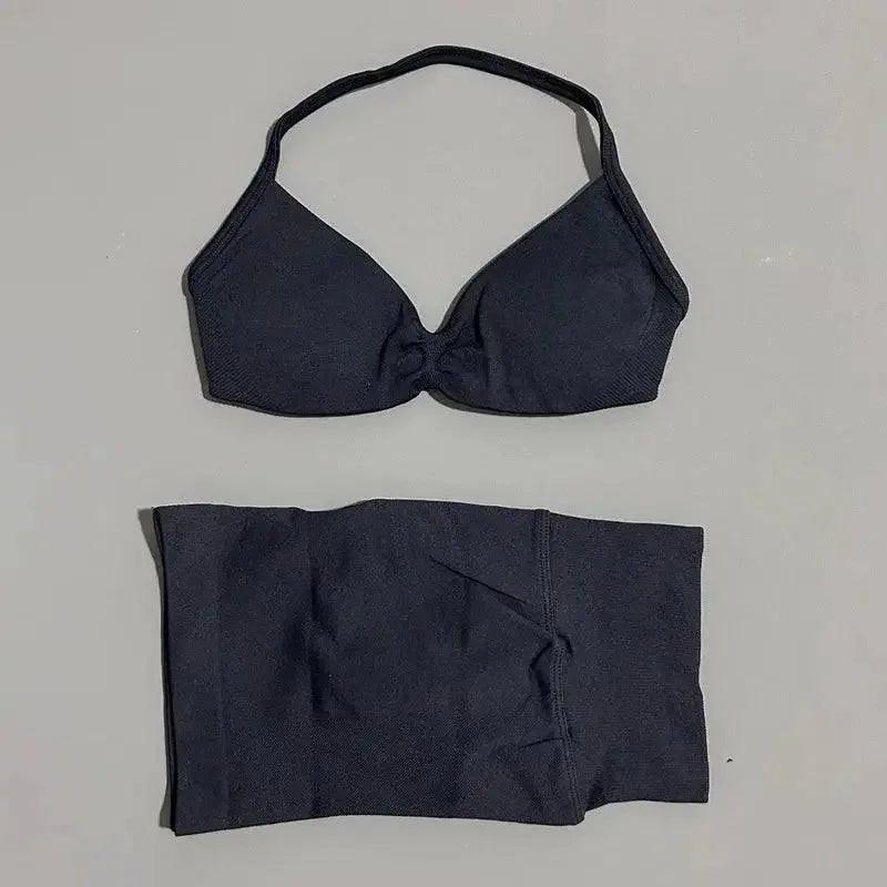 Dark blue bikini set with halter top and matching bottoms, women's swimwear