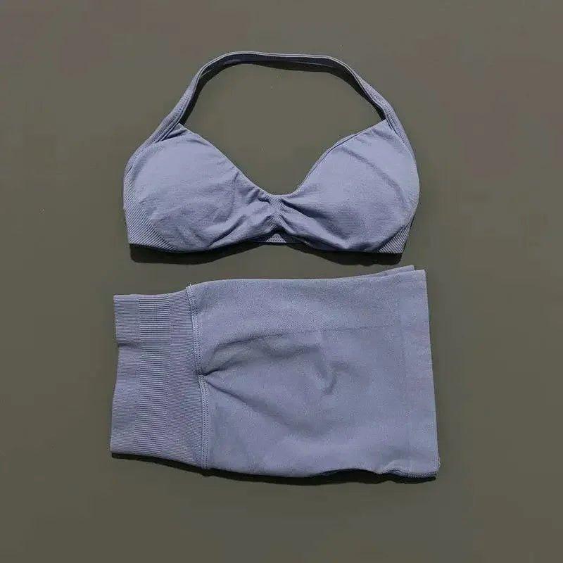 Light blue ribbed halter top and matching high-waist shorts for women's fashion