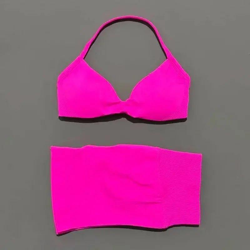 Vibrant pink halter bikini top and matching bottoms, women's swimwear fashion