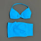 Bright blue women's bikini set with black trim, stylish swimwear for beach fashion