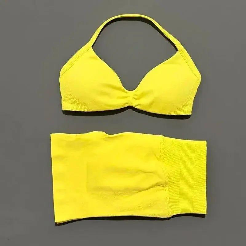 Bright yellow halter bikini top and matching bottoms for women's summer fashion