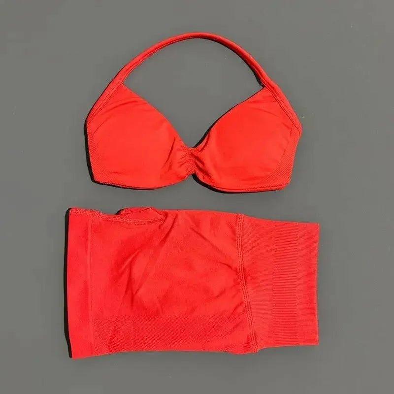 Vibrant red halter bikini top and matching bottoms, women's swimwear set
