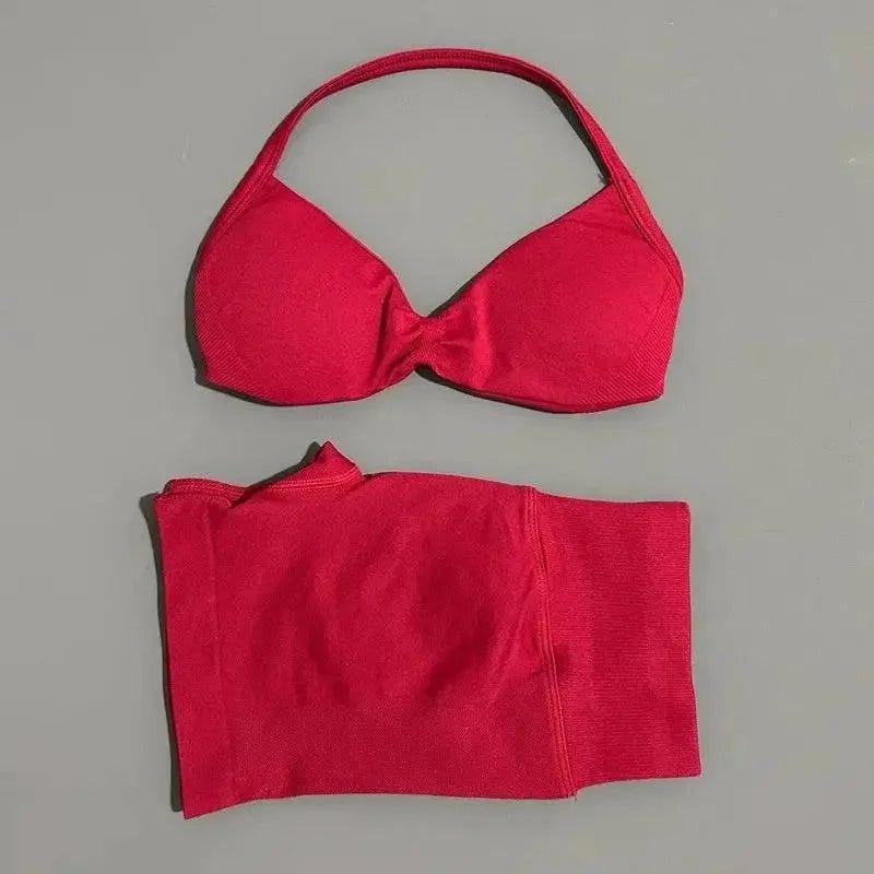 Red halter bikini top and matching bottoms for women's fashion swimwear