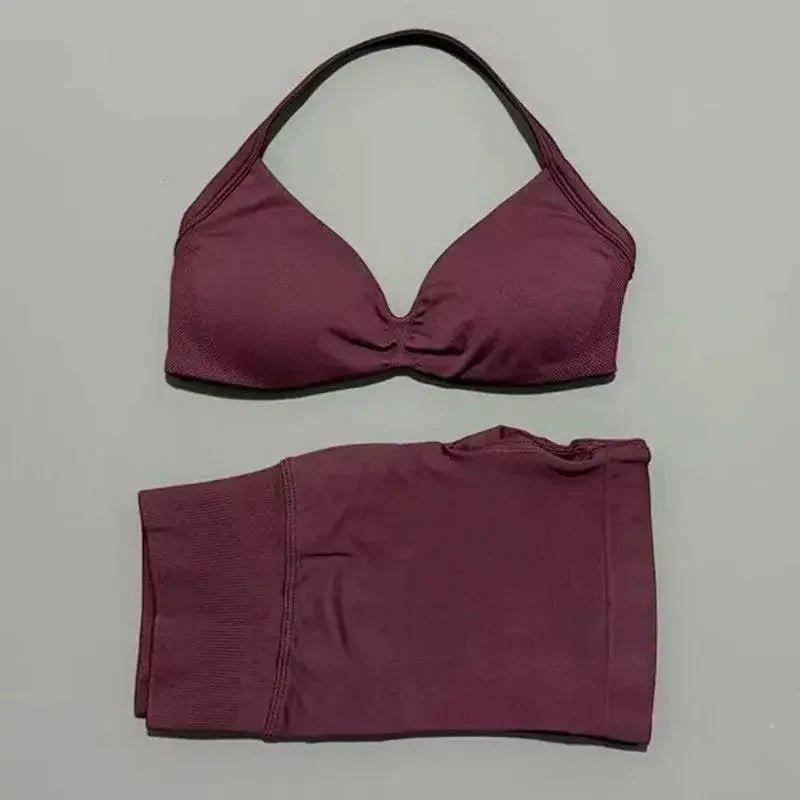 Burgundy halter bikini set with matching bottoms, women's swimwear fashion