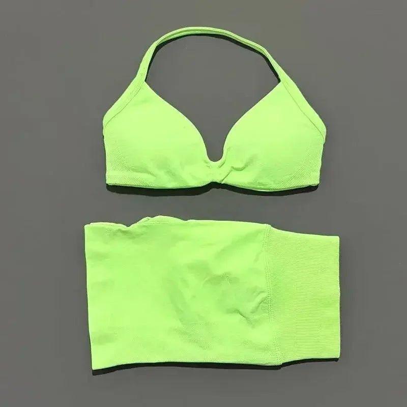 Neon green women's bikini set with halter top and high-waisted bottoms, fashion swimwear