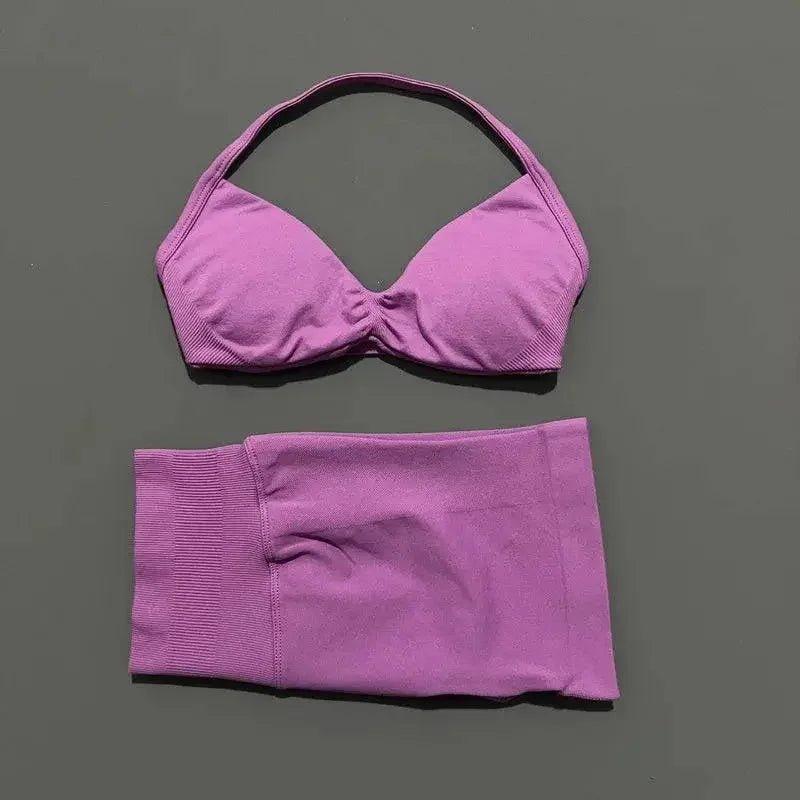 Purple halter bikini top and matching bottoms, women's fashion swimwear set