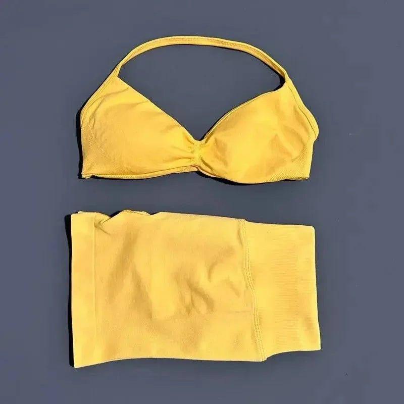 Yellow bikini set with halter top and high-waisted bottoms, women's fashion swimwear